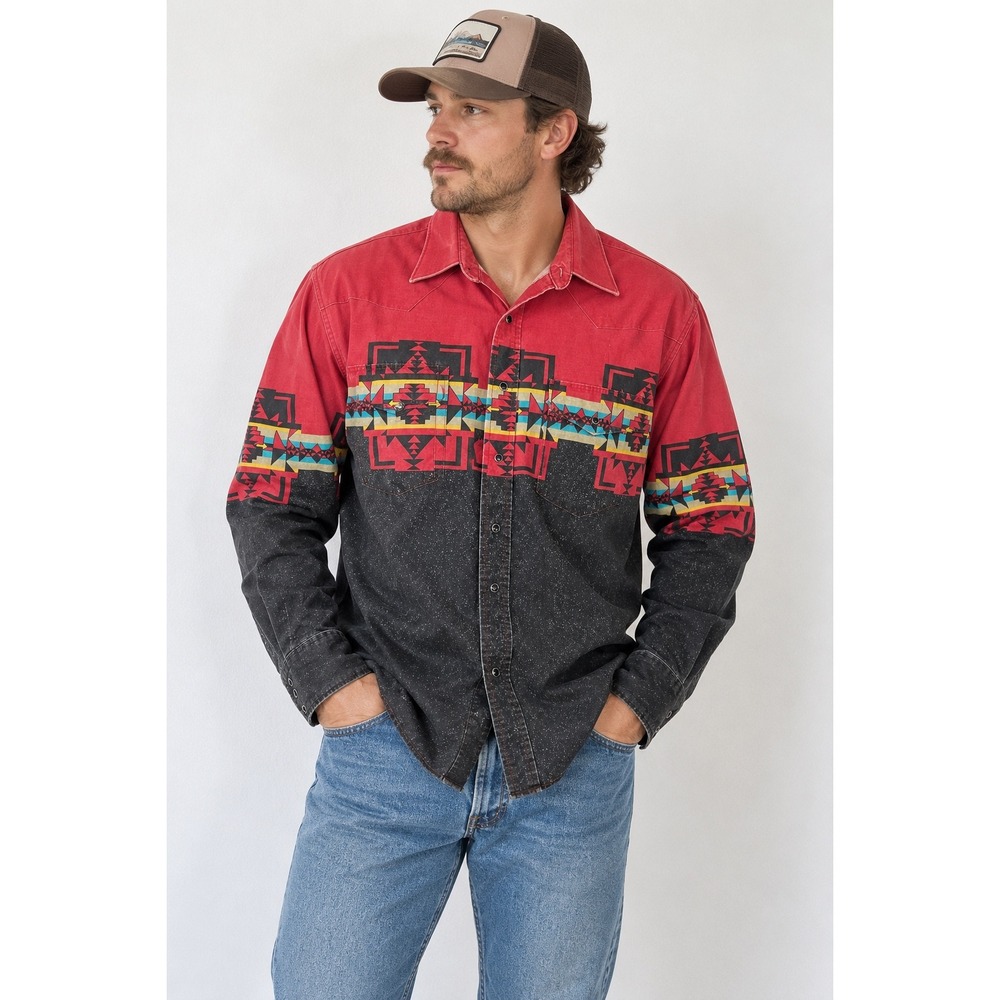 Wrangler Western Shirt Mens Large Red Black Aztec Geometric Snap
